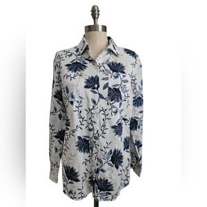CHARTER CLUB Blue Floral Linen Blend Shirt | SZ S